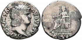 Nero, 54-68. Denarius (Silver, 17 mm, 3.00 g, 6 h), Rome, 66-67. IMP NERO CAESAR AVGVSTVS Laureate head of Nero to right. Rev. SALVS Salus seated left...
