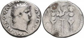 Nero, 54-68. Denarius (Silver, 18 mm, 3.36 g, 6 h), Rome, circa 67-68. IMP NERO CAESAR AVG P P Laureate head of Nero to right. Rev. Aquila between two...
