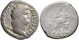 Nero, 54-68. Denarius (Silver, 18 mm, 3.11 g, 6 h), Rome, 67-68. IMP NERO CAESAR AVG P P Laureate head of Nero to right. Rev. SALVS Salus seated left ...