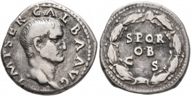 Galba, 68-69. Denarius (Silver, 18 mm, 3.34 g, 4 h), Rome, July 68-15 January 69. IMP SER GALBA AVG Bare head of Galba to right. Rev. S P Q R / OB / C...