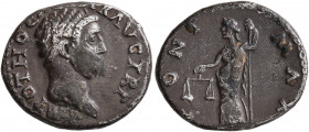 Otho, 69. Denarius (Silver, 18 mm, 3.09 g, 7 h), Rome, 15 January-16 April 69. IMP M OTHO CA[ESA]R AVG TR P Bare head of Otho to right. Rev. PONT MAX ...