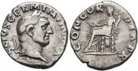 Vitellius, 69. Denarius (Silver, 18 mm, 3.24 g, 6 h), Rome, circa late April-20 December 69 . [A VI]TELLIVS GER IMP AVG TR P Laureate head of Vitelliu...