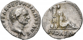 Vespasian, 69-79. Denarius (Silver, 18 mm, 3.28 g, 6 h), Rome, 69-70. [IMP C]AESAR VESPASIANVS AVG Laureate head of Vespasian to right. Rev. IVDAEA Ju...