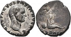 Vespasian, 69-79. Denarius (Silver, 17 mm, 2.81 g, 7 h), Rome, 69-70. IMP CAESAR VESPASIANVS AVG Laureate head of Vespasian to right. Rev. IVDAEA Juda...