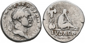 Vespasian, 69-79. Denarius (Silver, 17 mm, 3.21 g, 5 h), Rome, 69-70. IMP CAESAR VESPASIANVS AVG Laureate head of Vespasian to right. Rev. IVDAEA Juda...
