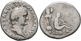 Vespasian, 69-79. Denarius (Silver, 19 mm, 3.13 g, 4 h), Rome, 69-70. IMP CAESAR VESPASIANVS AVG Laureate head of Vespasian to right. Rev. IVDAEA Juda...