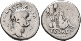 Vespasian, 69-79. Denarius (Silver, 17 mm, 3.13 g, 5 h), Rome, 69-70. [IMP C]AESAR VESPASIAN[VS AVG] Laureate head of Vespasian to right. Rev. IVDAEA ...