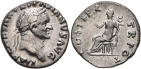 Vespasian, 69-79. Denarius (Silver, 17 mm, 2.74 g, 5 h), Rome, 70. IMP CAESAR VESPASIANVS AVG Laureate head of Vespasian to right. Rev. COS ITER TR PO...