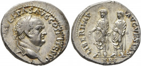 Vespasian, with Titus and Domitian as Caesares, 69-79. Denarius (Silver, 18 mm, 3.49 g, 6 h), Ephesus, 71. IMP CAESAR VESPAS AVG COS III TR P P P Laur...