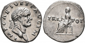 Vespasian, 69-79. Denarius (Silver, 18 mm, 2.81 g, 6 h), Rome, July-December 71. IMP CAES VESP AVG P M Laureate head of Vespasian to right. Rev. TRI P...