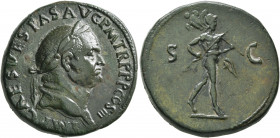 Vespasian, 69-79. Sestertius (Orichalcum, 33 mm, 27.29 g, 7 h), Rome, 71. IMP CAES VESPAS AVG P M TR P P P COS III Laureate head of Vespasian to right...