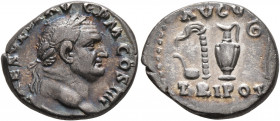Vespasian, 69-79. Denarius (Silver, 18 mm, 3.22 g, 6 h), Rome, 72-73. IMP CAES VESP AVG P M COS IIII Laureate head of Vespasian to right. Rev. AVGVR /...