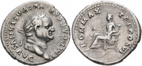 Vespasian, 69-79. Denarius (Silver, 20 mm, 3.20 g, 6 h), Rome, 75. IMP CAESAR VESPASIANVS AVG Laureate head of Vespasian to right. Rev. PON MAX TR P C...
