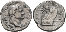 Vespasian, 69-79. Denarius (Silver, 18 mm, 3.28 g, 7 h), Rome, 77-78. IMP CAESAR VESPASIANVS AVG Laureate head of Vespasian to right. Rev. COS VIII Pr...