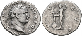 Titus, as Caesar, 69-79. Denarius (Silver, 19 mm, 2.70 g, 7 h), Rome, 72-73. T CAES IMP VESP PON TR POT Laureate head of Titus to right. Rev. N[E]P RE...