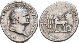 Titus, 79-81. Denarius (Silver, 19 mm, 3.31 g, 5 h), Rome, 79. IMP TITVS CAES VESPASIAN AVG P M Laureate head of Titus to right. Rev. TR P VIIII IMP X...