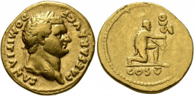 Domitian, as Caesar, 69-81. Aureus (Gold, 20 mm, 7.19 g, 7 h), Rome, 77-78. CAESAR AVG F DOMITIANVS Laureate head of Domitian to right. Rev. COS V Par...