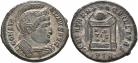 Constantine I, 307/310-337. Follis (Bronze, 19 mm, 3.67 g, 5 h), Treveri, 321. CONSTAN-TINVS AVG Helmeted and cuirassed bust of Constantine I to right...