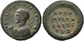 Constantine II, as Caesar, 316-337. Follis (Bronze, 18 mm, 3.81 g, 12 h), Thessalonica, 318-319. CONSTANTINVS IVN NOB C Laureate, draped and cuirassed...