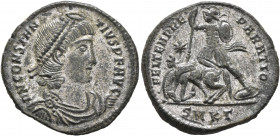 Constantius II, 337-361. Follis (Silvered bronze, 24 mm, 5.20 g, 12 h), Cyzicus, 348-350. D N CONSTAN-TIVS P F AVG Pearl-diademed, draped and cuirasse...