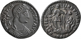Constantius II, 337-361. Follis (Silvered bronze, 24 mm, 5.68 g, 1 h), Siscia, 348-350. D N CONSTAN-TIVS P F AVG Pearl-diademed, draped and cuirassed ...