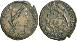 Constantius II, 337-361. Follis (Bronze, 24 mm, 5.12 g, 6 h), Constantinopolis, 348-351. D N CONSTAN-TIVS P F AVG Pearl-diademed, draped and cuirassed...