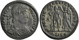 Constantius II, 337-361. Follis (Silvered bronze, 24 mm, 5.01 g, 7 h), Siscia, struck under Vetranio, 350. DN CONSTAN-TIVS P F AVG Pearl-diademed, dra...