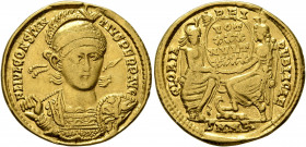 Constantius II, 337-361. Solidus (Gold, 21 mm, 4.23 g, 6 h), Nicomedia, 355-360. FL IVL CONSTAN-TIVS PERP AVG Pearl-diademed, helmeted and cuirassed b...