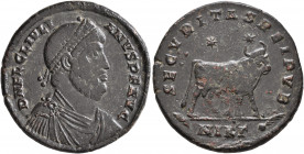 Julian II, 360-363. Follis (Bronze, 28 mm, 8.85 g, 7 h), Nicomedia, 361-363. D N FL CL IVLI-ANVS P F AVG Pearl-diademed, draped and cuirassed bust of ...