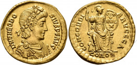 Theodosius I, 379-395. Solidus (Gold, 21 mm, 4.34 g, 6 h), Constantinopolis, 388-392. D N THEODO-SIVS P F AVG Rosette-diademed, draped and cuirassed b...