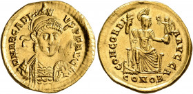Arcadius, 383-408. Solidus (Gold, 20 mm, 4.50 g, 6 h), Constantinopolis, 397-402. D N ARCADI-VS P F AVG Pearl-diademed, helmeted and cuirassed bust of...