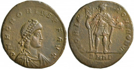 Honorius, 393-423. Follis (Bronze, 23 mm, 4.56 g, 6 h), Nicomedia, 392-395. D N HONORIVS P F AVG Pearl-diademed, draped and cuirassed bust of Honorius...