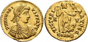 Honorius, 393-423. Solidus (Gold, 21 mm, 4.45 g, 5 h), Ravenna, 402-406. D N HONORI-VS P F AVG Pearl-diademed, draped and cuirassed bust of Honorius t...