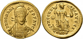 Honorius, 393-423. Solidus (Gold, 21 mm, 4.46 g, 5 h), Constantinopolis, 408-420. D N HONORI-VS P F AVG Pearl-diademed, helmeted and cuirassed bust of...