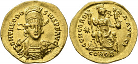 Theodosius II, 402-450. Solidus (Gold, 20 mm, 4.46 g, 6 h), Constantinopolis, 408-420. Pearl-diademed, helmeted and cuirassed bust of Theodosius II fa...