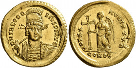 Theodosius II, 402-450. Solidus (Gold, 22 mm, 4.49 g, 1 h), Constantinopolis, 422-423. D N THEODO-SIVS P F AVG Pearl-diademed, helmeted and cuirassed ...
