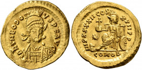 Theodosius II, 402-450. Solidus (Gold, 21 mm, 4.45 g, 6 h), Constantinopolis, 443-450. D N THEODOSIVS P F AVG Pearl-diademed, helmeted and cuirassed b...