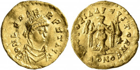 Leo I, 457-474. Tremissis (Gold, 14 mm, 1.48 g, 5 h), Constantinopolis, circa 462 or 466. D N LEO PERPET AVG Diademed, draped and cuirassed bust of Le...