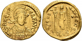 Zeno, second reign, 476-491. Solidus (Gold, 20 mm, 4.23 g, 5 h), Constantinopolis. D N ZENO PERP AVG Pearl-diademed, helmeted and cuirassed bust of Ze...