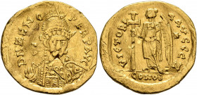 Zeno, second reign, 476-491. Solidus (Gold, 20 mm, 4.38 g, 6 h), Constantinopolis. D N ZENO PERP AVG Pearl-diademed, helmeted and cuirassed bust of Ze...