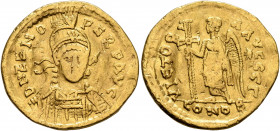 Zeno, second reign, 476-491. Solidus (Gold, 21 mm, 4.38 g, 5 h), Constantinopolis. D N ZENO PERP AVG Pearl-diademed, helmeted and cuirassed bust of Ze...