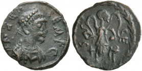 Zeno, second reign, 476-491. Nummus (Bronze, 12 mm, 1.12 g, 6 h), Constantinopolis. D N ZENON PE AVG Pearl-diademed, draped and cuirassed bust of Zeno...