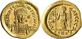 Anastasius I, 491-518. Solidus (Gold, 21 mm, 4.29 g, 7 h), Constantinopolis, 498-518. D N ANASTASIVS P P AVG Pearl-diademed, helmeted and cuirassed bu...