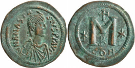 Anastasius I, 491-518. Follis (Bronze, 37 mm, 19.51 g, 6 h), Constantinopolis, 498-518. D N ANASTASIVS P P AVG Diademed, draped and cuirassed bust of ...