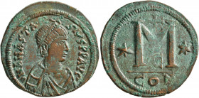 Anastasius I, 491-518. Follis (Bronze, 36 mm, 19.99 g, 5 h), Constantinopolis, 498-518. D N ANASTASIVS P P AVG Diademed, draped and cuirassed bust of ...