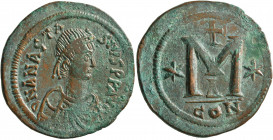 Anastasius I, 491-518. Follis (Bronze, 36 mm, 18.87 g, 7 h), Constantinopolis, 498-518. D N ANASTASIVS P P AVG Diademed, draped and cuirassed bust of ...