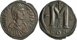 Anastasius I, 491-518. Follis (Bronze, 35 mm, 18.71 g, 6 h), Constantinopolis, 498-518. D N ANASTASIVS P P AVG Diademed, draped and cuirassed bust of ...