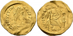 Justinian I, 527-565. Semissis (Gold, 19 mm, 2.18 g, 6 h), Constantinopolis. D N IVSTINIANVS P P AVG Pearl-diademed, draped and cuirassed bust of Just...