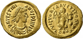 Justinian I, 527-565. Tremissis (Gold, 16 mm, 1.49 g, 6 h), Constantinopolis. D N IVSTINIANVS P P AVI Diademed, draped and cuirassed bust of Justinian...