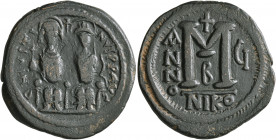 Justin II, with Sophia, 565-578. Follis (Bronze, 30 mm, 11.75 g, 1 h), Nicomedia, RY 5 = 569/570. D N IVSTINVS P P AVG Justin II, holding globus cruci...